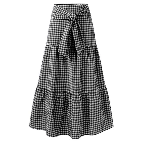 Women Maxi Skirts High Waist Plaid Long Skirts Loose Belted Pleated Skirt