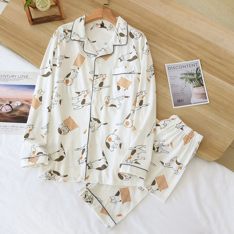 Leaves Printed Women Pajama Cotton Long Sleeve Sleepwear