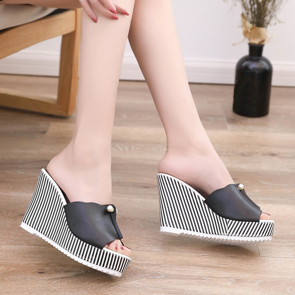 Wedges Sandals High Heels Slippers Stripe Pearl Flip Flops Women Shoes