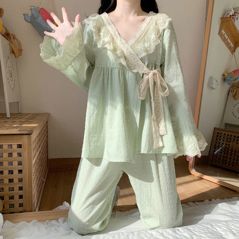 Fairy V-neck Lace Pajama Sets Women Loose Sleepwear