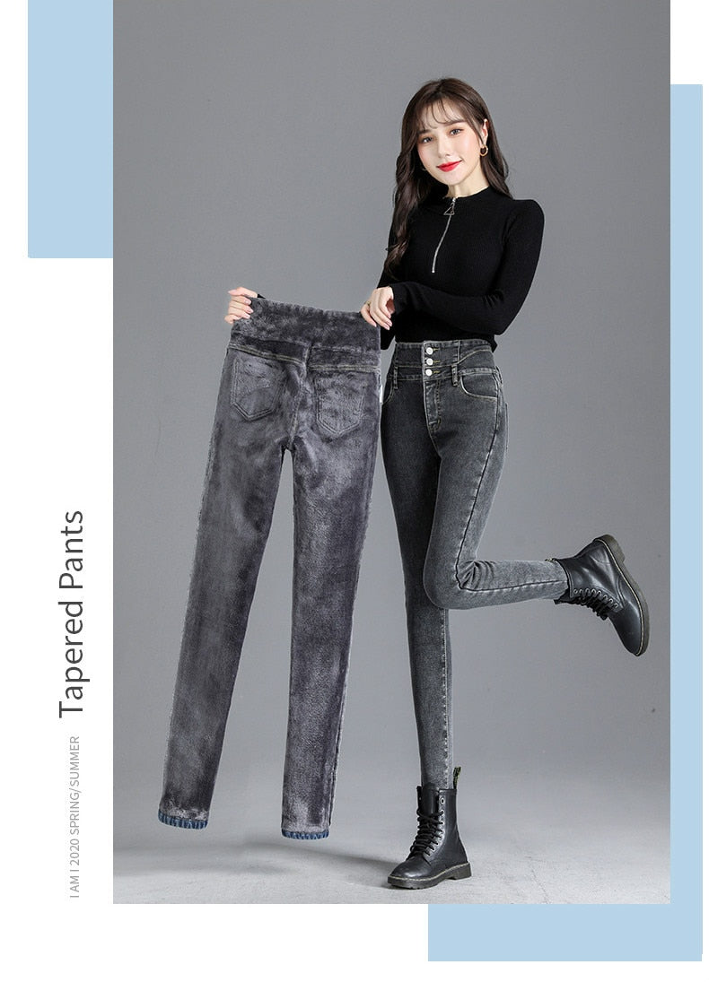 Thick Fleece High-waist Jeans Thick Women Button Pencil Pants Jeans