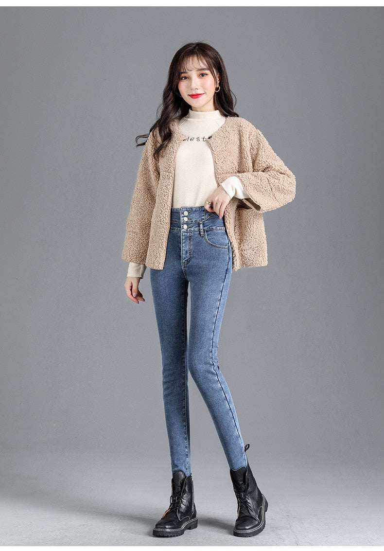 Thick Fleece High-waist Jeans Thick Women Button Pencil Pants Jeans