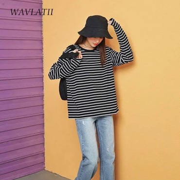 Women Long Sleeve T shirts White Black Striped Tees Lady Casual Tops