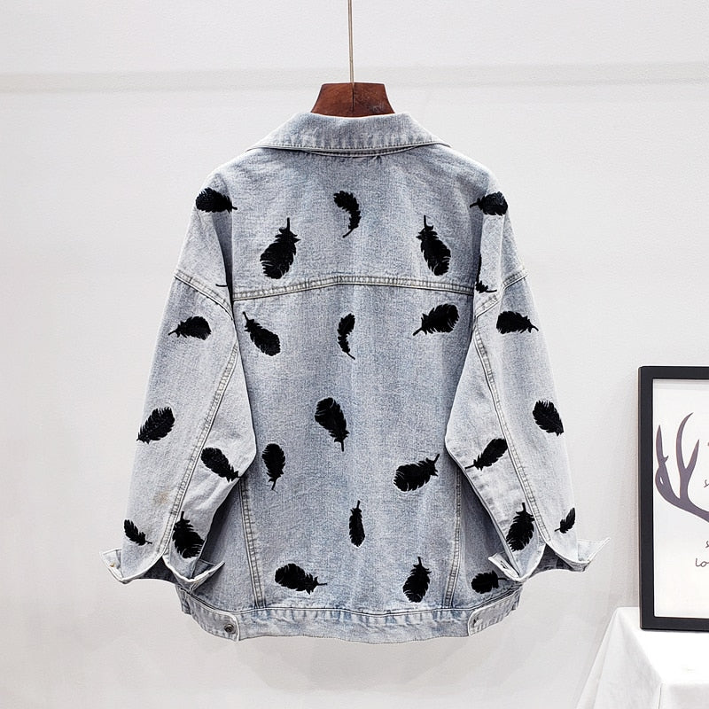 Embroidered Feathers Denim Jacket Women bomber Jacket Coat Chic