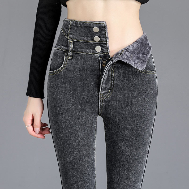 Thick Fleece High-waist Jeans Thick Women Button Pencil Pants Jeans