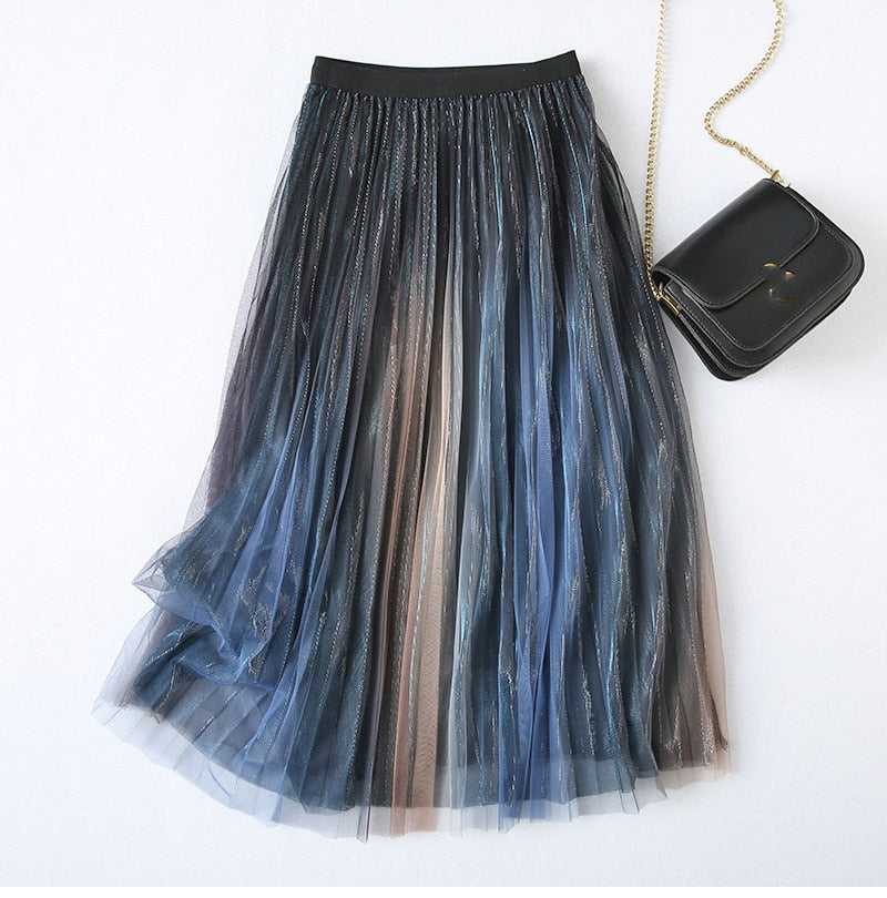 High Elastic Waist Colorful Patchwork Pleated Mesh Half-body Skirt Women Tide