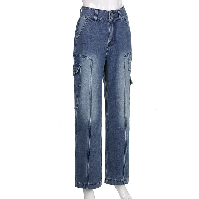 Pockets High Waist Baggy Jeans Women Pants Straight Leg