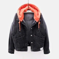Hooded Turn-down Collar Denim Jacket Women Loose Button Patchwork Jean Coat