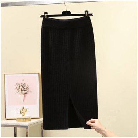 Knit Pencil Skirt Women High Waist Skirts Knited Split Midi Skirt