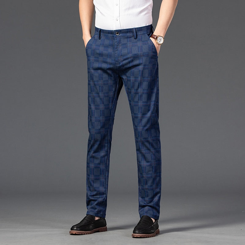 Men Plaid Casual Pants Business Cotton Stretch Straight Trousers