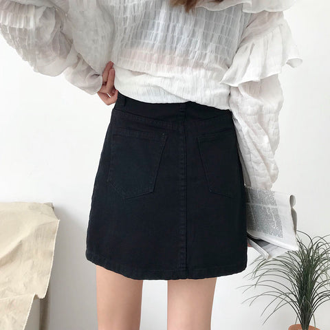Skirts Women A-line Denim Pockets Button Mini High Waist Simple