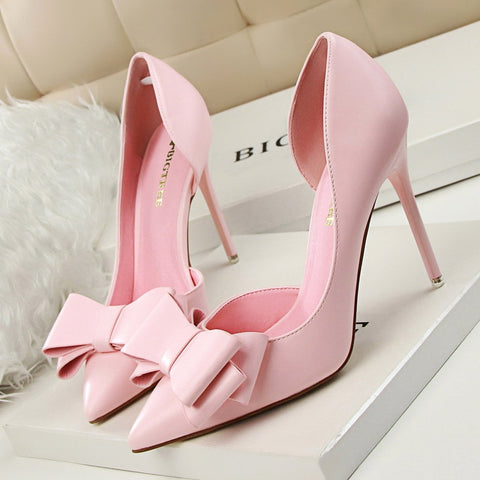 Women Shoes Bow High Heels Shallow Pointed Head Side Thin Shoes