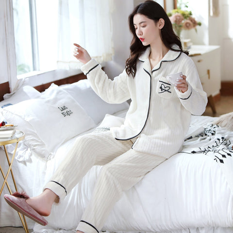 Women Thicken Warm Soft Pajamas Sets Long Sleeve Flannel