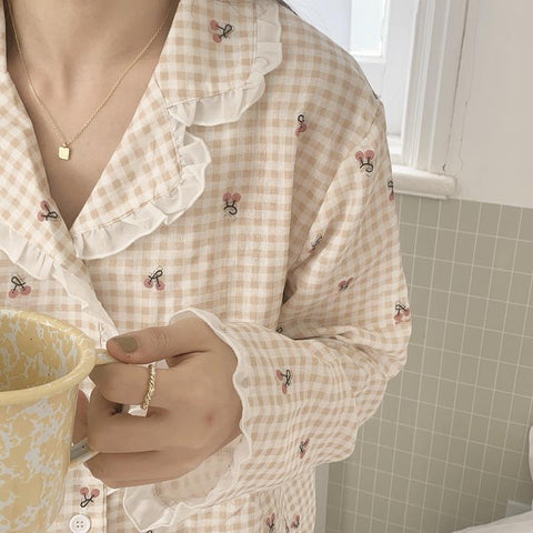 Plaid Pajama Sets Women Fungus-line Nightwear Loose Soft Sleepwear