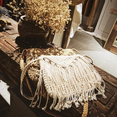 Handmade Woven Round Handbag Tassel Straw Rope Knitted Messenger Bag Tote