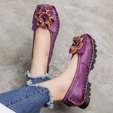 Soft Genuine Flat Shoes Women Flats with Flowers Designers Loafers Slip On