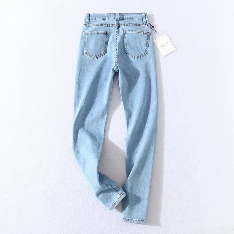 Four Buttons High Waist Pencil Jeans Women Slim Fit Pants Trousers