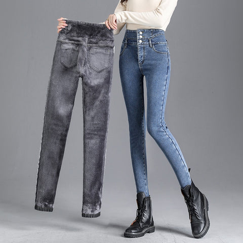 Thick Fleece High-waist Jeans Thick Women Button Pencil Pants Jeans
