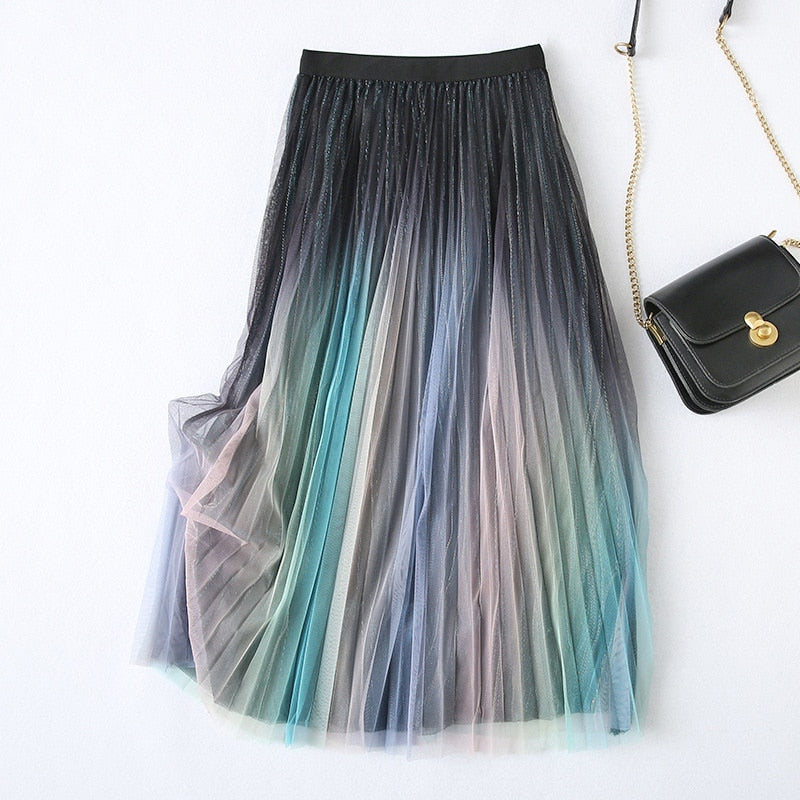 High Elastic Waist Colorful Patchwork Pleated Mesh Half-body Skirt Women Tide