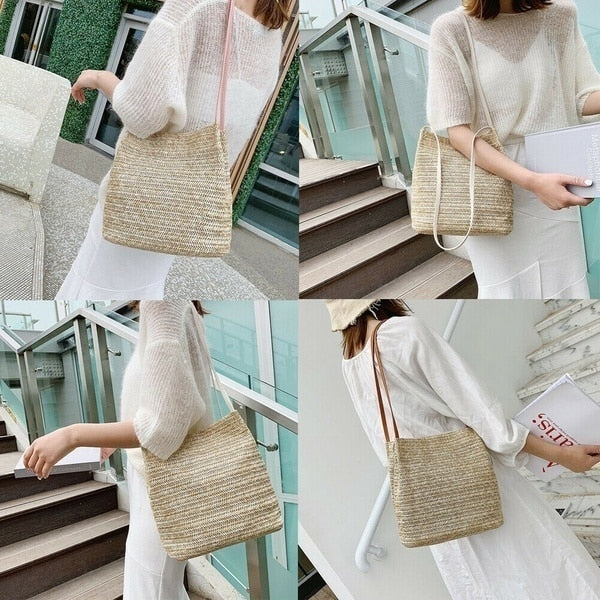 Women Handbag Beach Bag Woven Handmade Knitted Straw Totes Shoulder Bag