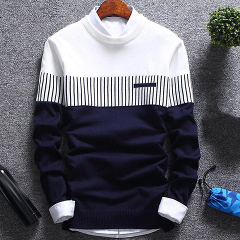 Men Color Block Patchwork O Neck Long Sleeve Knitted Top Blouse Warm Sweater
