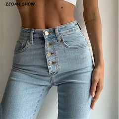 Four Buttons High Waist Pencil Jeans Women Slim Fit Pants Trousers