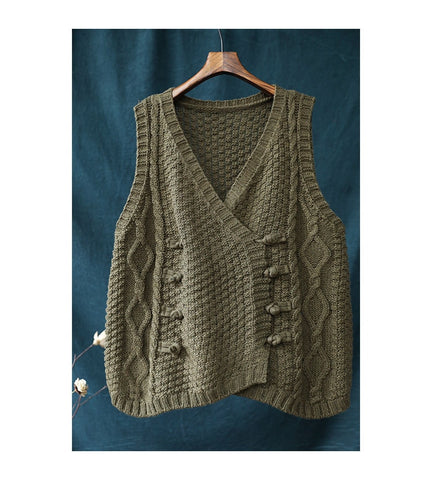 Loose Button Knit Short Sweater Vest Women V-neck Sleeveless Coat Irregular