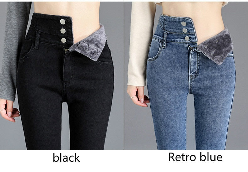 Thick Fleece High-waist Jeans Thick Women Button Pencil Pants Jeans