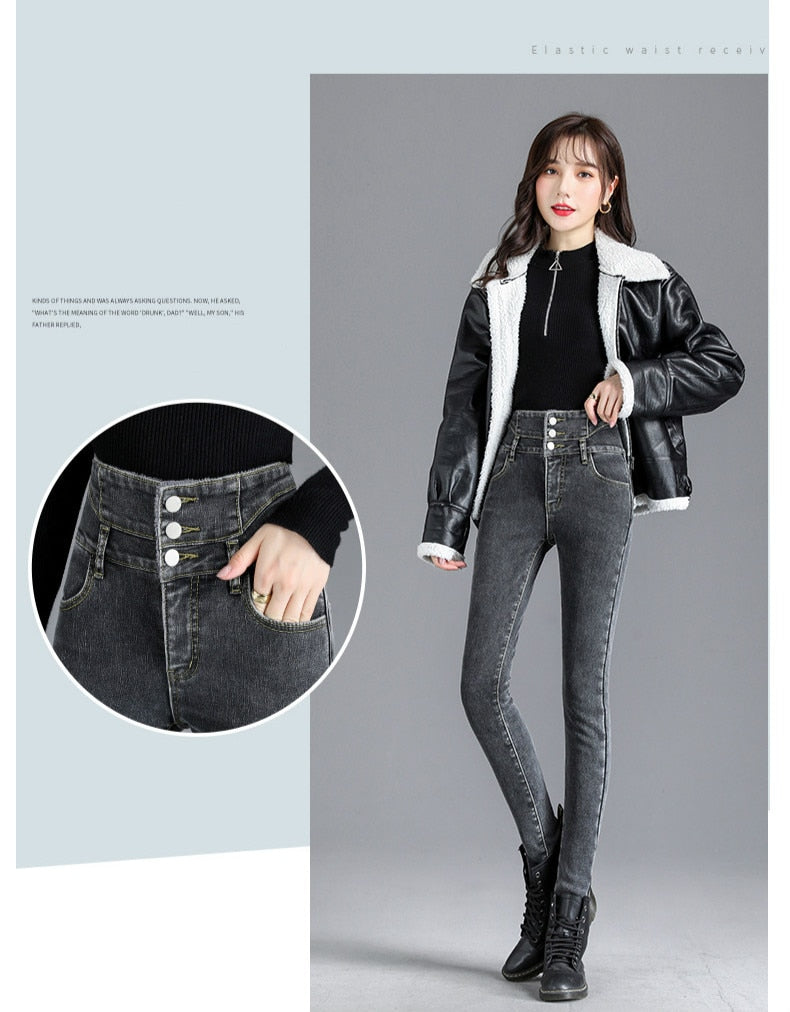 Thick Fleece High-waist Jeans Thick Women Button Pencil Pants Jeans