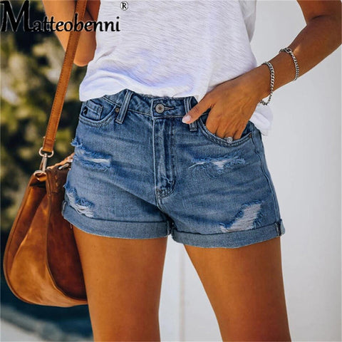 Women Ripped High Waisted Pocket Jeans Shorts