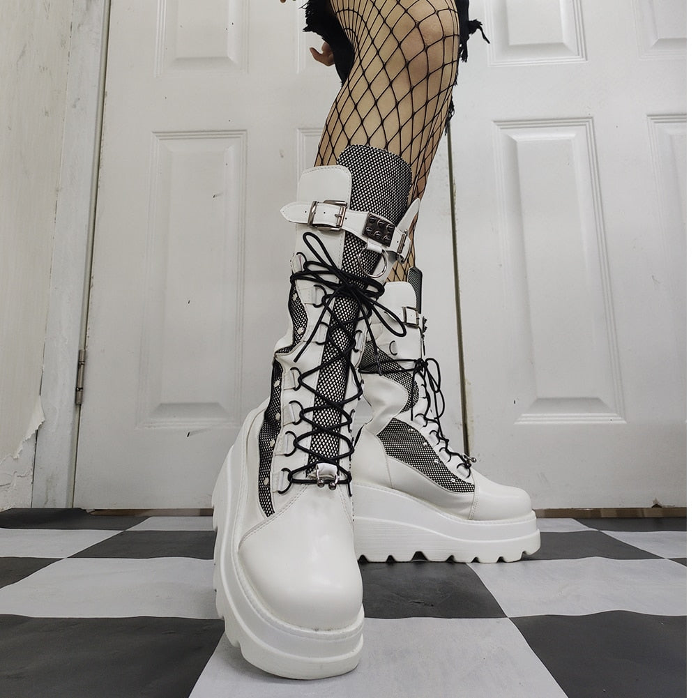 Halloween Witch Cosplay Platform High Wedges Heels Calf Boots Women Shoes
