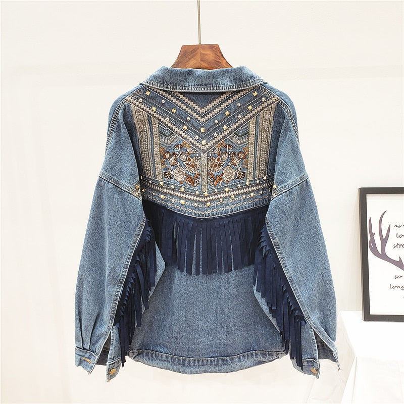 Women Denim Jacket Floral Embroidery Suede Fringe Loose Long Sleeve Jean Jacket