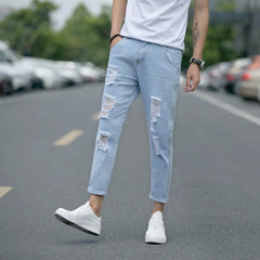 Men Jeans Ankle-length Holes Straight Washed Leisure Denim Trousers
