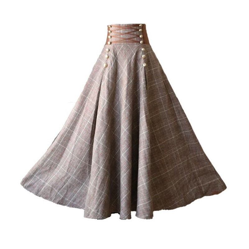 High Waisted Button Design Lace-Up Corset Skirt Women Thick A-Line Long Maxi Wool Skirts