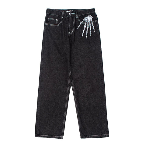 Skull Hand Bone Embroidery Mens Jeans Pants Straight Trousers