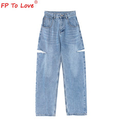 Woman Jeans Length High Waist Light Blue Zipper Wide Leg Pants