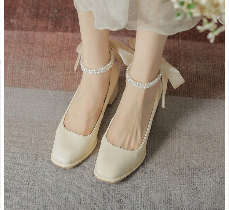 High Heels Bow Square Toe Thick Heel
