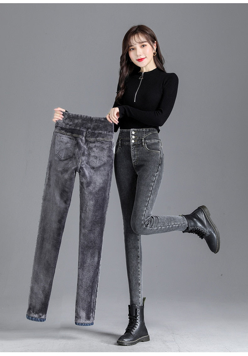 Thick Fleece High-waist Jeans Thick Women Button Pencil Pants Jeans