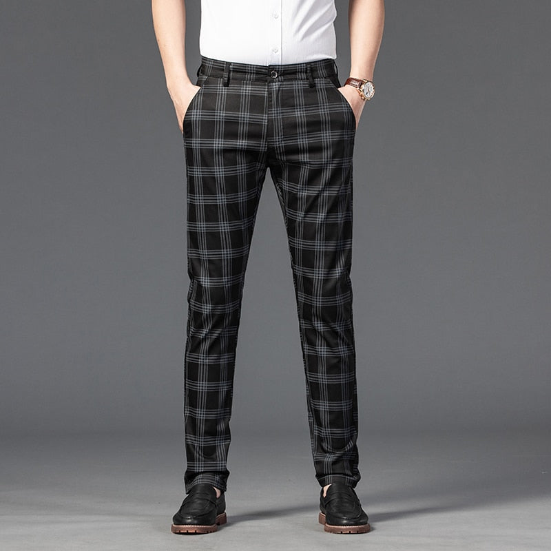 Men Trousers Business Stripe Plaid Trouser Suit Pants