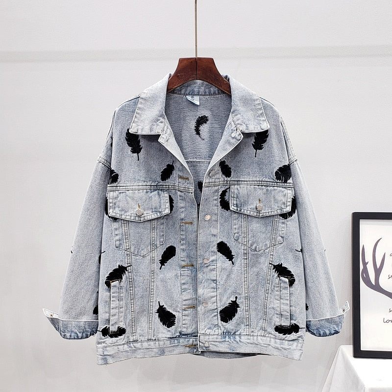 Embroidered Feathers Denim Jacket Women bomber Jacket Coat Chic