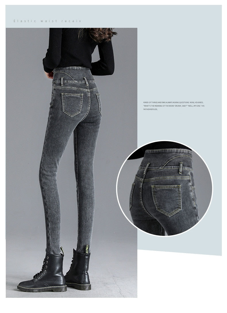 Thick Fleece High-waist Jeans Thick Women Button Pencil Pants Jeans