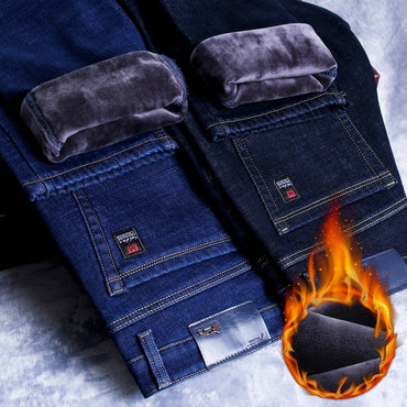 Men Slim Fit Jeans Business Thicken Denim Trousers Pants