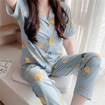 women short sleeve long pant sleepwear pajamas set cotton