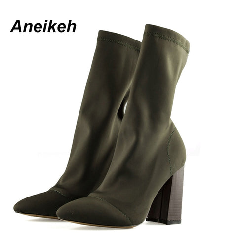 Slim Ankle Boots Women Pointed Toe Sock Boots Square High Heel Boots Shoes