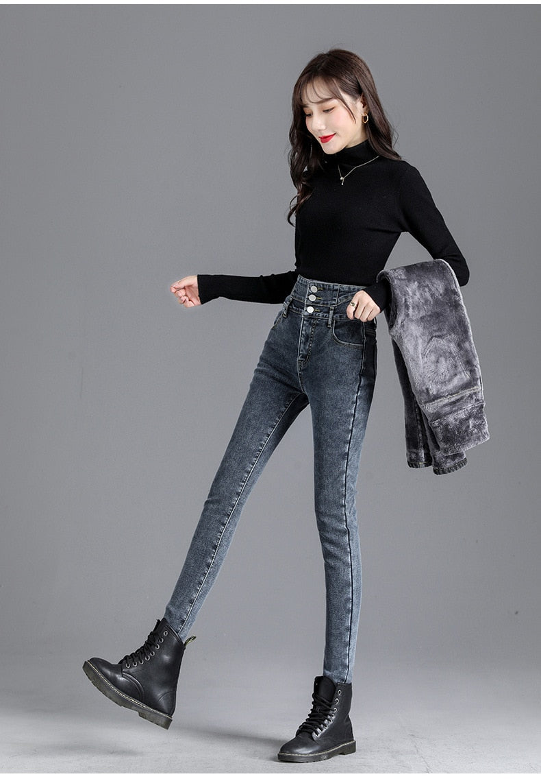 Thick Fleece High-waist Jeans Thick Women Button Pencil Pants Jeans