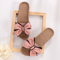 Women Slides Comfortable Flax Slippers Striped Bow Linen Flip Flops Platform Sandals