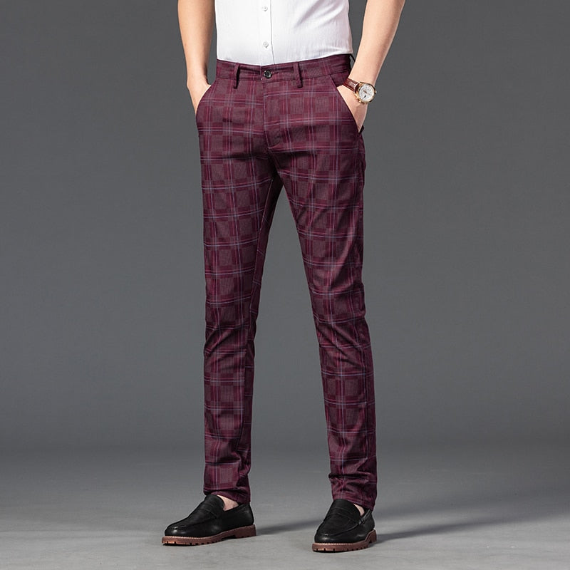 Men Plaid Casual Pants Business Cotton Stretch Straight Trousers