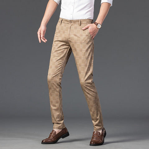Men Plaid Casual Pants Business Cotton Stretch Straight Trousers