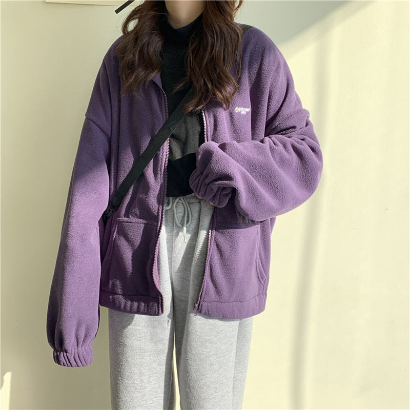 Women Hoodies Zip-up Oversize Sweatshirt Pocket Turn-down Collar