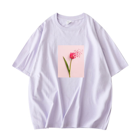 Women Rose Floral Pattern Tees Streetwear Short Sleeve T-shirts Tops
